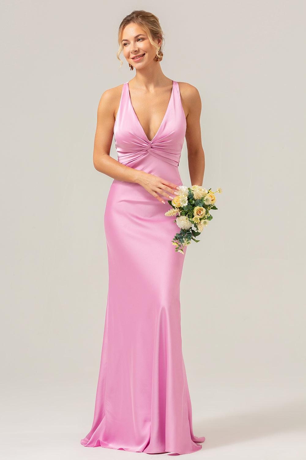 ZAPAKASA Women Pink Bridesmaid Dress Mermaid Halter Satin Long Wedding Party Guest Dress ZAPAKASA Women Pink Bridesmaid Dress Mermaid Halter Satin Long Wedding Party Guest Dress