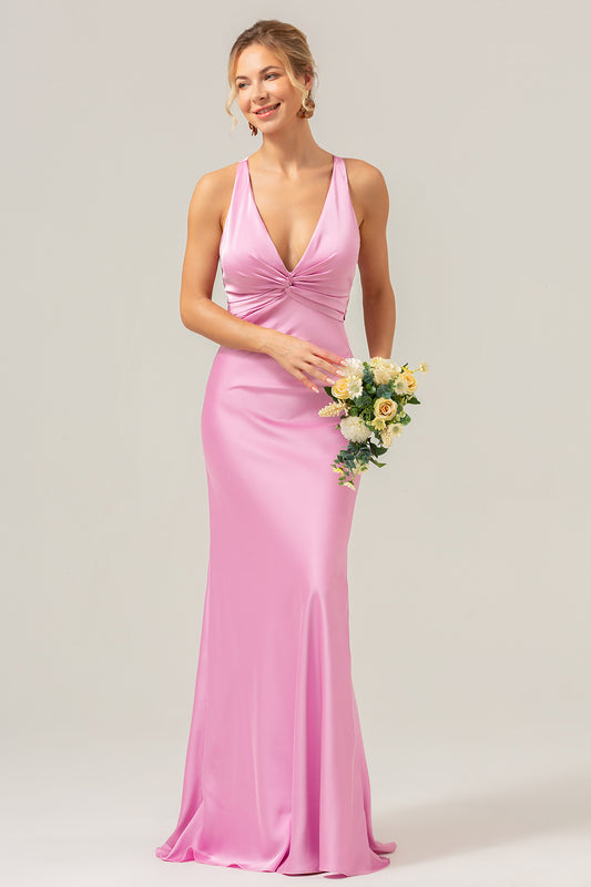 Pink Bridesmaid Dress Mermaid Halter Satin Long Wedding Party Guest Dress