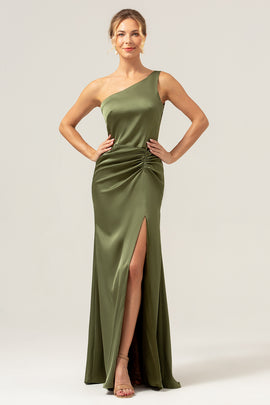 Olive One Shoulder Mermaid Satin Long Bridesmaid Dress with Slit
