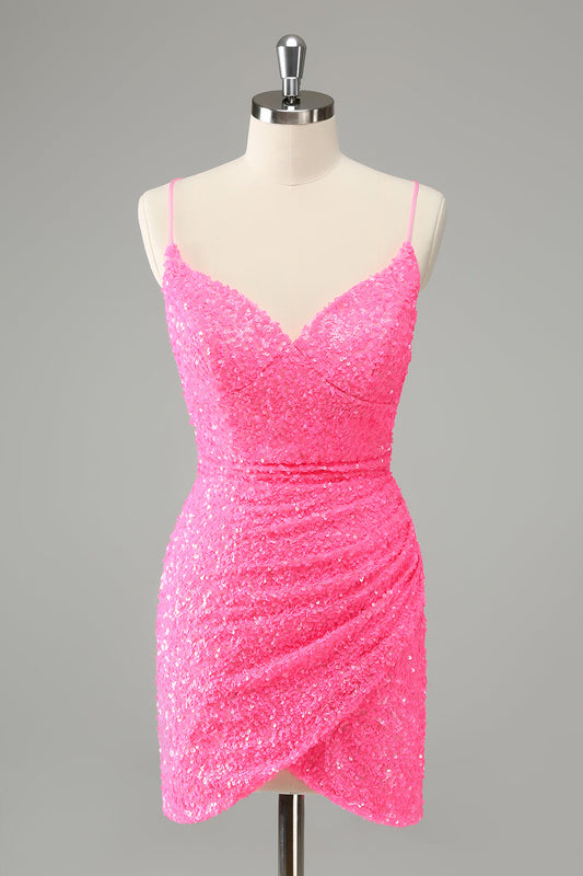 Glitter Hot Pink Bodycon Spaghetti Straps Sequins Short Homecoming Dress