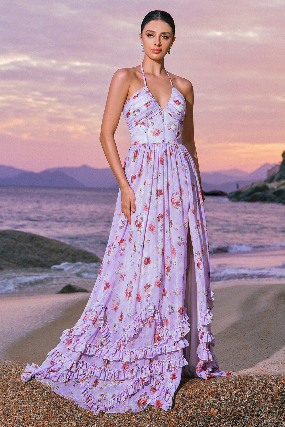 Zapakasa Women Grey Purple Chiffon Bridesmaid Dress with Slit Floral Corset Halter A-Line Ruffled Wedding Guest Dress Zapakasa Women Grey Purple Chiffon Bridesmaid Dress with Slit Floral Corset Halter A-Line Ruffled Wedding Guest Dress
