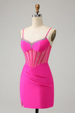 Glitter Fuchsia Beaded Tight Corset Short Homecoming Dress with Slit Glitter Fuchsia Beaded Tight Corset Short Homecoming Dress with Slit