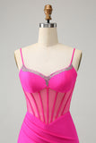 Glitter Fuchsia Beaded Tight Corset Short Homecoming Dress with Slit Glitter Fuchsia Beaded Tight Corset Short Homecoming Dress with Slit