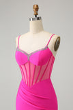 Glitter Fuchsia Beaded Tight Corset Short Homecoming Dress with Slit Glitter Fuchsia Beaded Tight Corset Short Homecoming Dress with Slit