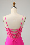 Glitter Fuchsia Beaded Tight Corset Short Homecoming Dress with Slit Glitter Fuchsia Beaded Tight Corset Short Homecoming Dress with Slit