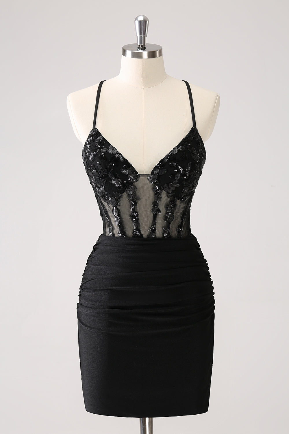 Sparkly Black Bodycon Spaghetti Corset Short Homecoming Dress with Lace Up Back Sparkly Black Bodycon Spaghetti Corset Short Homecoming Dress with Lace Up Back
