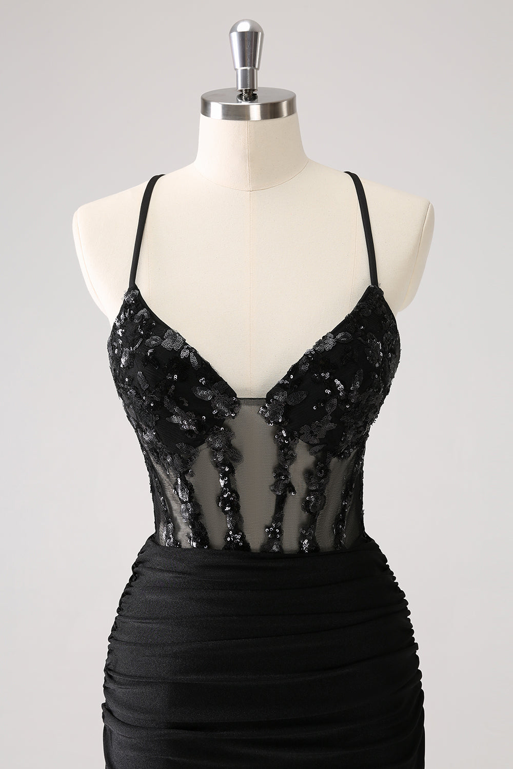 Sparkly Black Bodycon Spaghetti Corset Short Homecoming Dress with Lace Up Back Sparkly Black Bodycon Spaghetti Corset Short Homecoming Dress with Lace Up Back