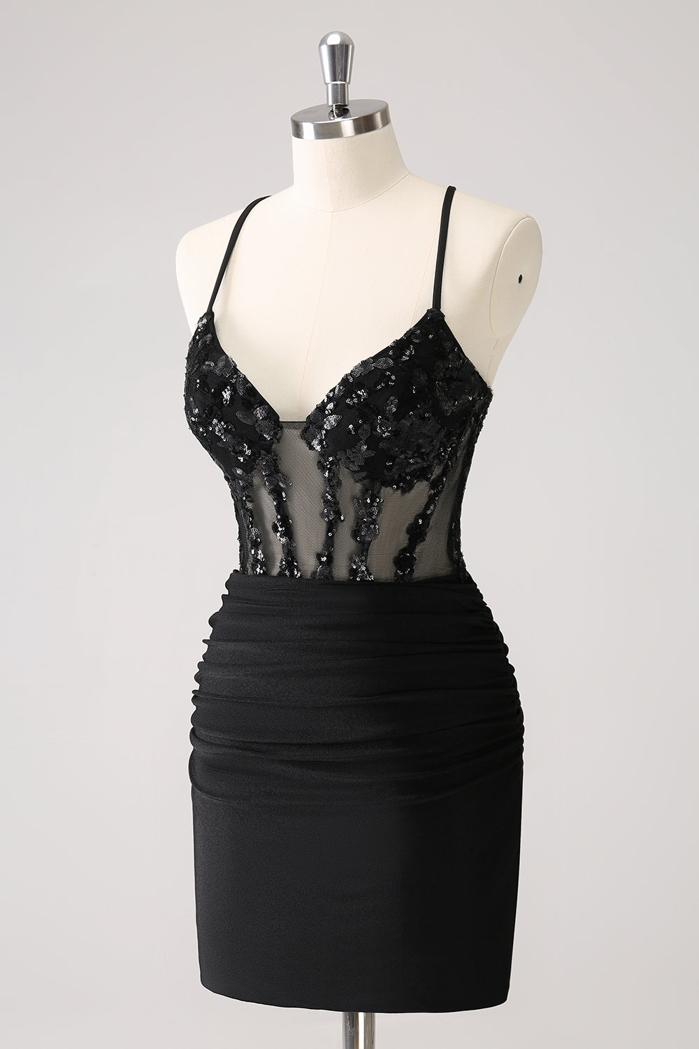 Sparkly Black Bodycon Spaghetti Corset Short Homecoming Dress with Lace Up Back Sparkly Black Bodycon Spaghetti Corset Short Homecoming Dress with Lace Up Back