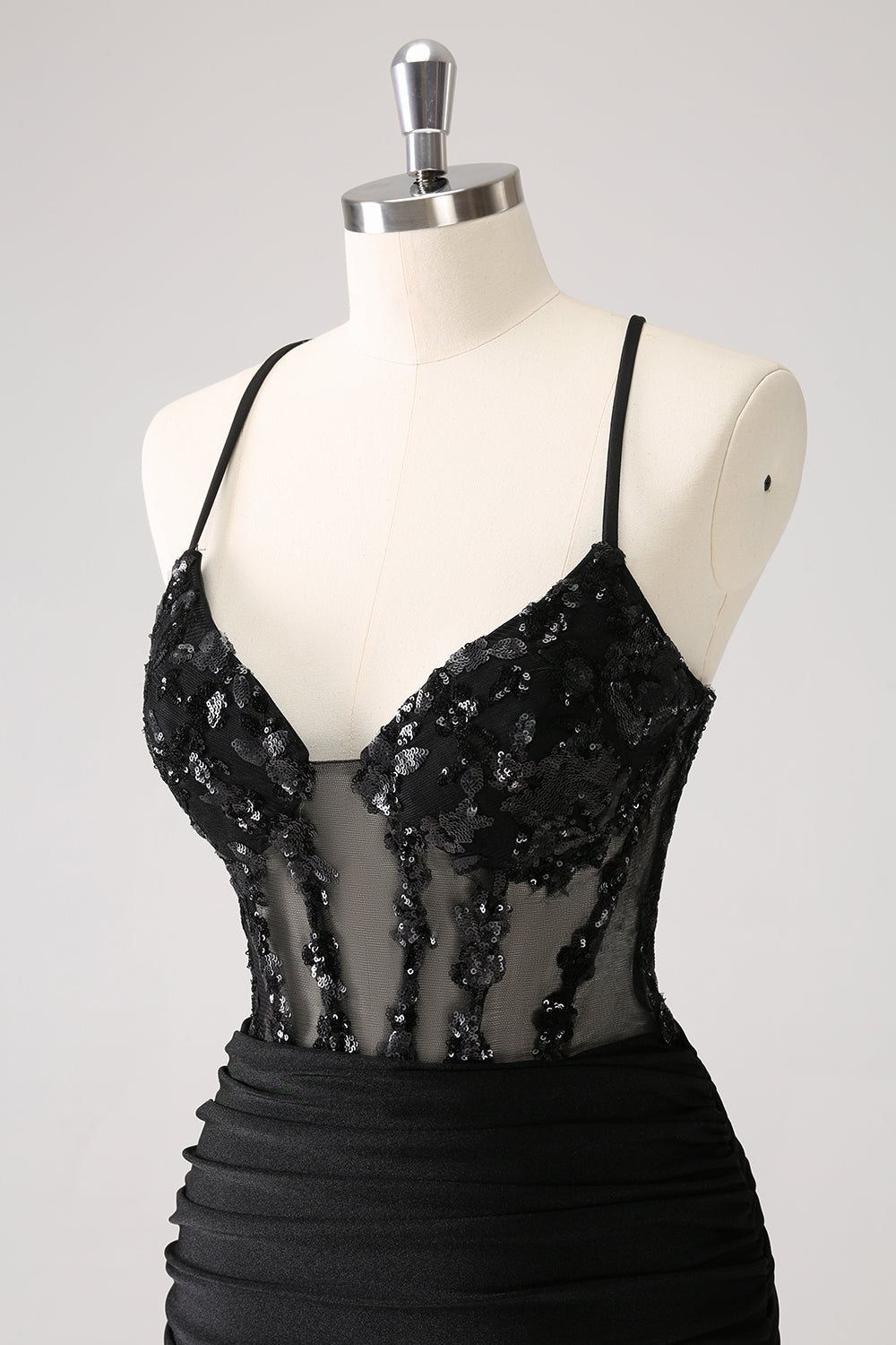 Sparkly Black Bodycon Spaghetti Corset Short Homecoming Dress with Lace Up Back Sparkly Black Bodycon Spaghetti Corset Short Homecoming Dress with Lace Up Back