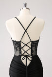 Sparkly Black Bodycon Spaghetti Corset Short Homecoming Dress with Lace Up Back Sparkly Black Bodycon Spaghetti Corset Short Homecoming Dress with Lace Up Back