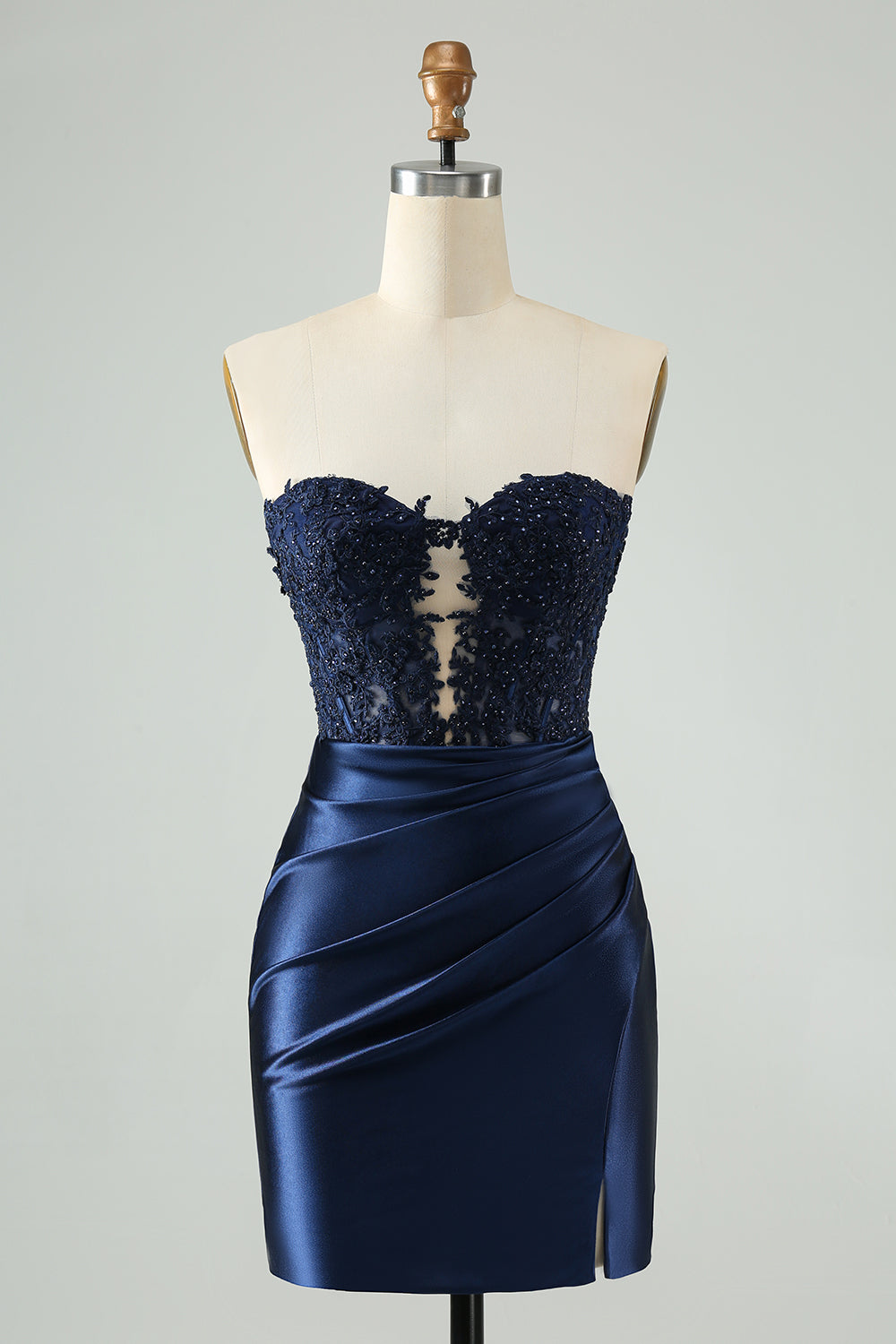 Zapakasa Women Sparkly Navy Homecoming Dress with Lace Strapless Bodycon Ruched Cocktail Dress with Slit Zapakasa Women Sparkly Navy Homecoming Dress with Lace Strapless Bodycon Ruched Cocktail Dress with Slit
