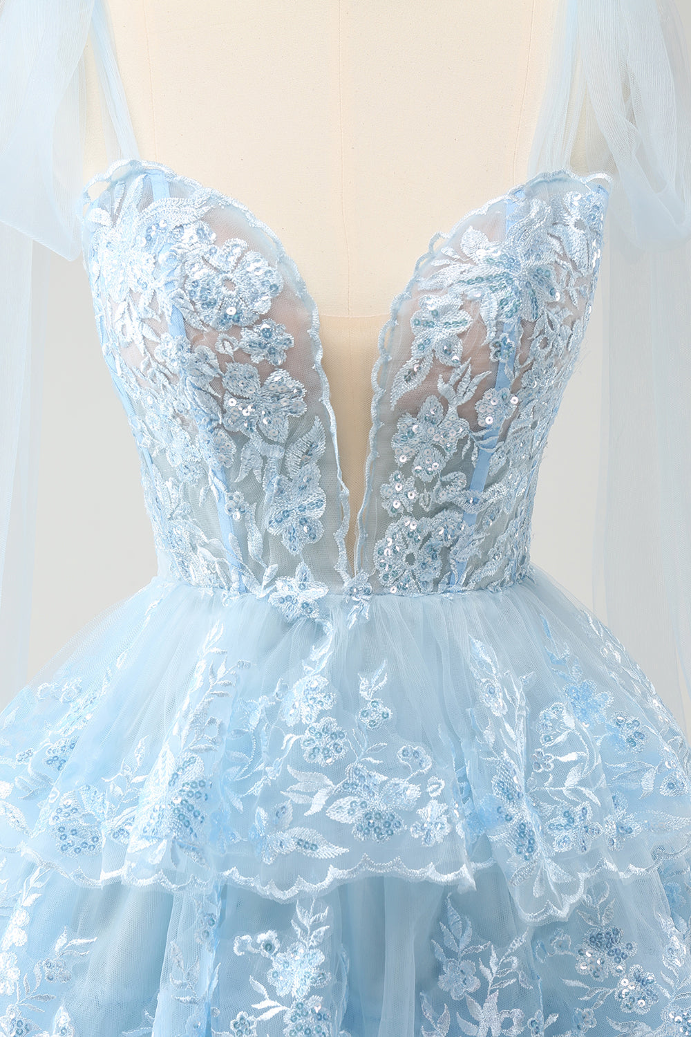 Glitter Blue A Line Embroidery Tiered Homecoming Dress with Appliques Glitter Blue A Line Embroidery Tiered Homecoming Dress with Appliques
