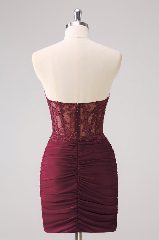Burgundy Strapless Corset Pleated Tight Homecoming Dress with Appliques