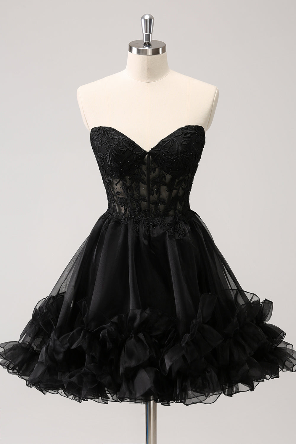 Zapaka Women Cute Black Homecoming Dress Ruffled Corset A Line Strapless Short Party Dress with Appliques Zapaka Women Cute Black Homecoming Dress Ruffled Corset A Line Strapless Short Party Dress with Appliques