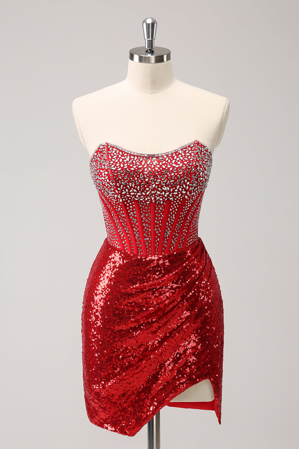 Zapaka Women Sparkly Red Strapless Tight Homecoming Dress Corset Sequined Beaded Slit Short Party Dress Zapaka Women Sparkly Red Strapless Tight Homecoming Dress Corset Sequined Beaded Slit Short Party Dress