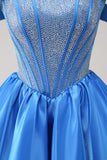 Sparkly Blue A-Line Off the Shoulder Beaded Satin Homecoming Dress Sparkly Blue A-Line Off the Shoulder Beaded Satin Homecoming Dress