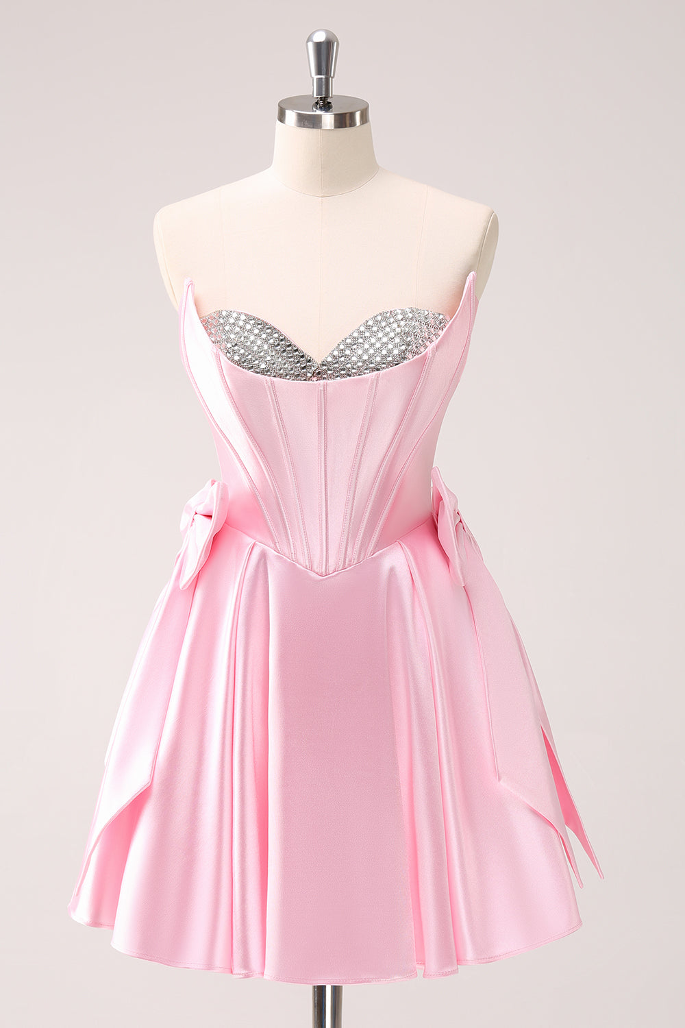 Zapaka Women Pink Strapless Homecoming Dress with Bows A Line Corset Beaded Party Dress, Pink / US26W