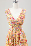 Yellow Small Flower A Line V Neck Pleated Ruffles Wedding Guest Dress Yellow Small Flower A Line V Neck Pleated Ruffles Wedding Guest Dress
