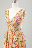 Yellow Small Flower A Line V Neck Pleated Ruffles Wedding Guest Dress Yellow Small Flower A Line V Neck Pleated Ruffles Wedding Guest Dress