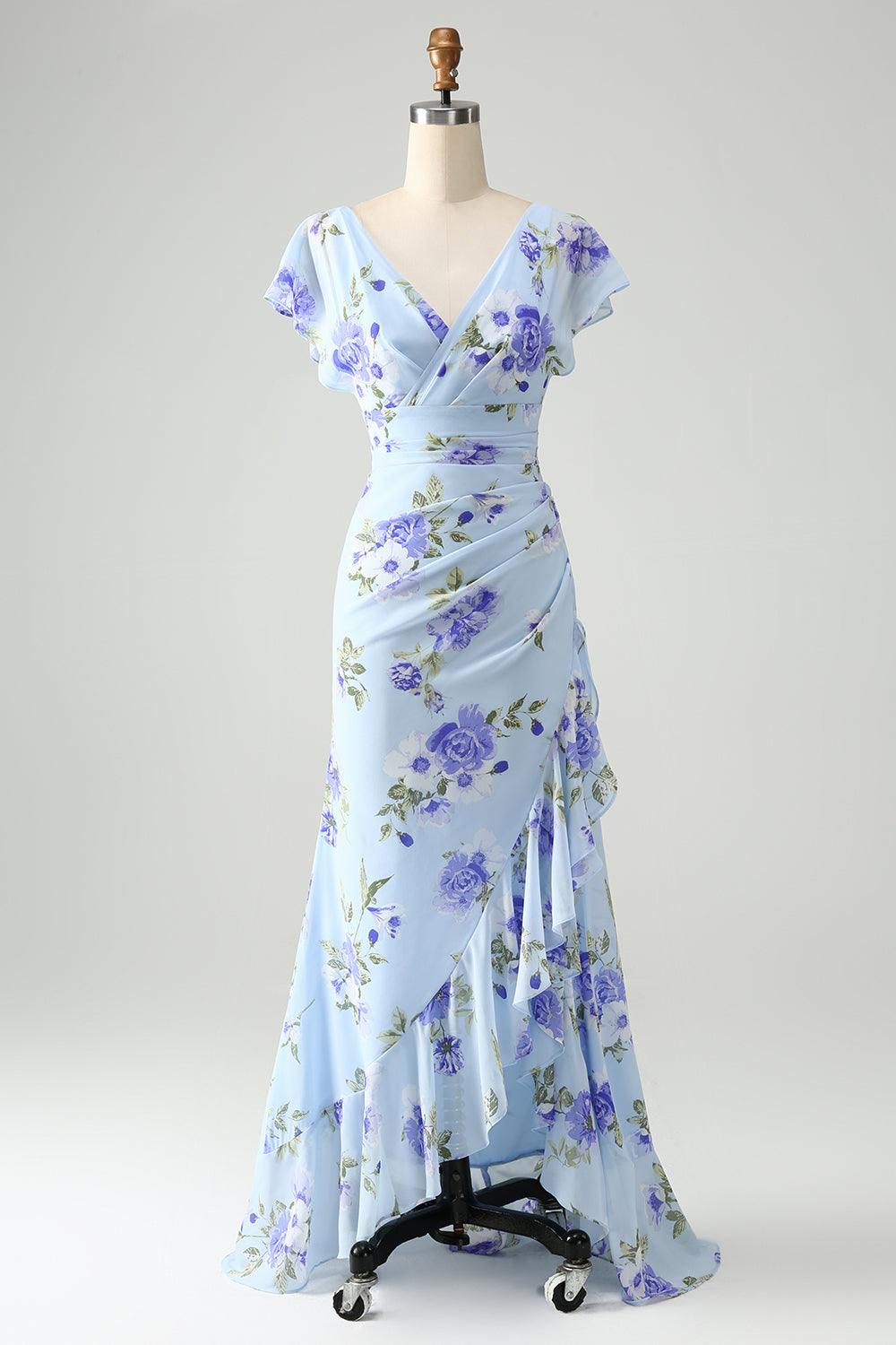 Zapakasa Women Blue Floral Wedding Guest Dress V Neck A Line Ruffles Asymmetrical Bridesmaid Dress Zapakasa Women Blue Floral Wedding Guest Dress V Neck A Line Ruffles Asymmetrical Bridesmaid Dress
