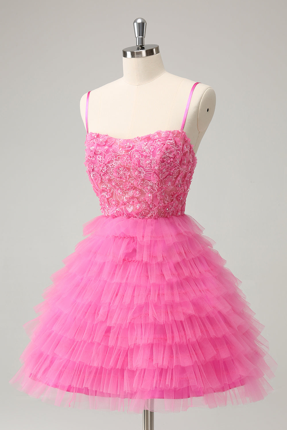 Glitter Pink A Line Spaghetti Straps Tiered Flowers Tulle Cute Homecoming Dress Glitter Pink A Line Spaghetti Straps Tiered Flowers Tulle Cute Homecoming Dress