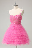 Glitter Pink A Line Spaghetti Straps Tiered Flowers Tulle Cute Homecoming Dress Glitter Pink A Line Spaghetti Straps Tiered Flowers Tulle Cute Homecoming Dress