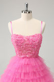 Glitter Pink A Line Spaghetti Straps Tiered Flowers Tulle Cute Homecoming Dress Glitter Pink A Line Spaghetti Straps Tiered Flowers Tulle Cute Homecoming Dress
