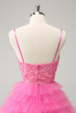 Glitter Pink A Line Spaghetti Straps Tiered Flowers Tulle Cute Homecoming Dress Glitter Pink A Line Spaghetti Straps Tiered Flowers Tulle Cute Homecoming Dress