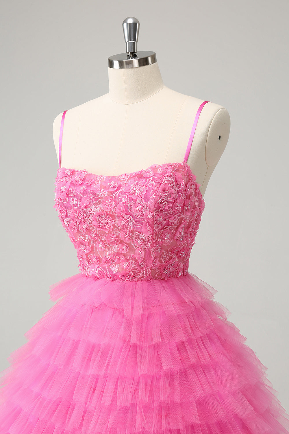 Glitter Pink A Line Spaghetti Straps Tiered Flowers Tulle Cute Homecoming Dress Glitter Pink A Line Spaghetti Straps Tiered Flowers Tulle Cute Homecoming Dress