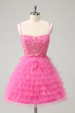 Glitter Pink A Line Spaghetti Straps Tiered Flowers Tulle Cute Homecoming Dress Glitter Pink A Line Spaghetti Straps Tiered Flowers Tulle Cute Homecoming Dress