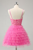 Glitter Pink A Line Spaghetti Straps Tiered Flowers Tulle Cute Homecoming Dress Glitter Pink A Line Spaghetti Straps Tiered Flowers Tulle Cute Homecoming Dress