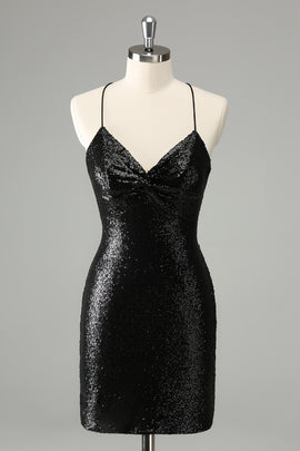 Stylish Glitter Black Sequins Tight Halter Homecoming Dress with Lace Up Back