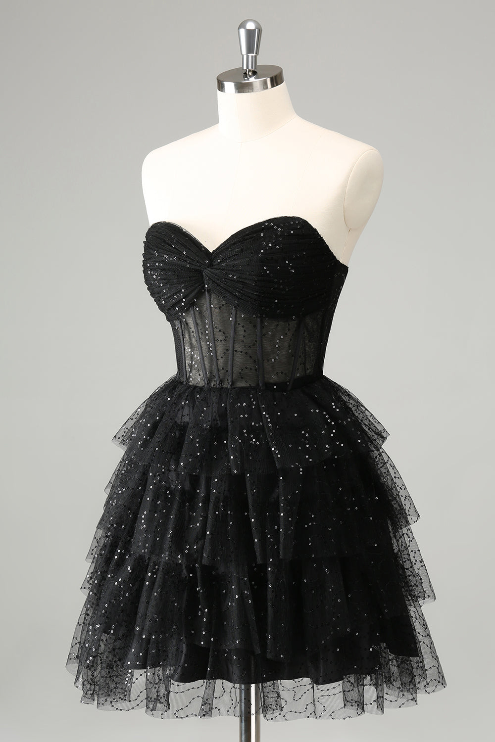 Sparkly Black Strapless Tiered Corset Short Homecoming Dress Sparkly Black Strapless Tiered Corset Short Homecoming Dress