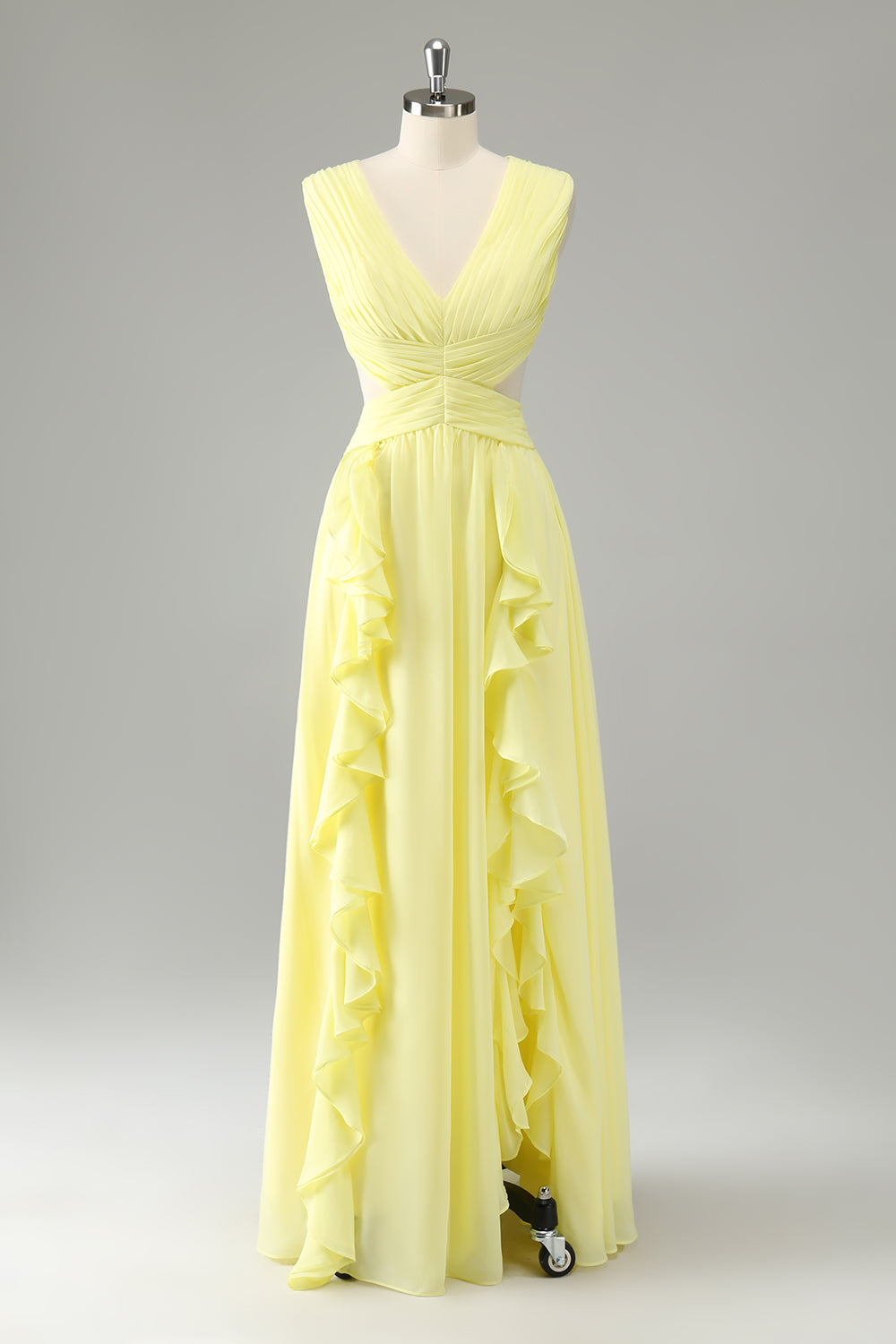 Zapakasa Women Lemon Yellow Bridesmaid Dress with Ruffles Cut Out A-Line Wedding Party Dress Zapakasa Women Lemon Yellow Bridesmaid Dress with Ruffles Cut Out A-Line Wedding Party Dress