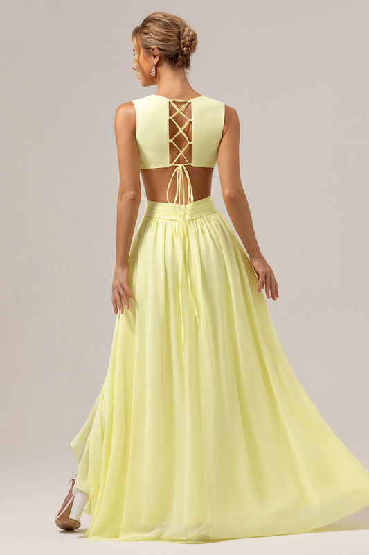 Lemon Yellow A Line Ruched Long Bridesmaid Dress with Ruffles