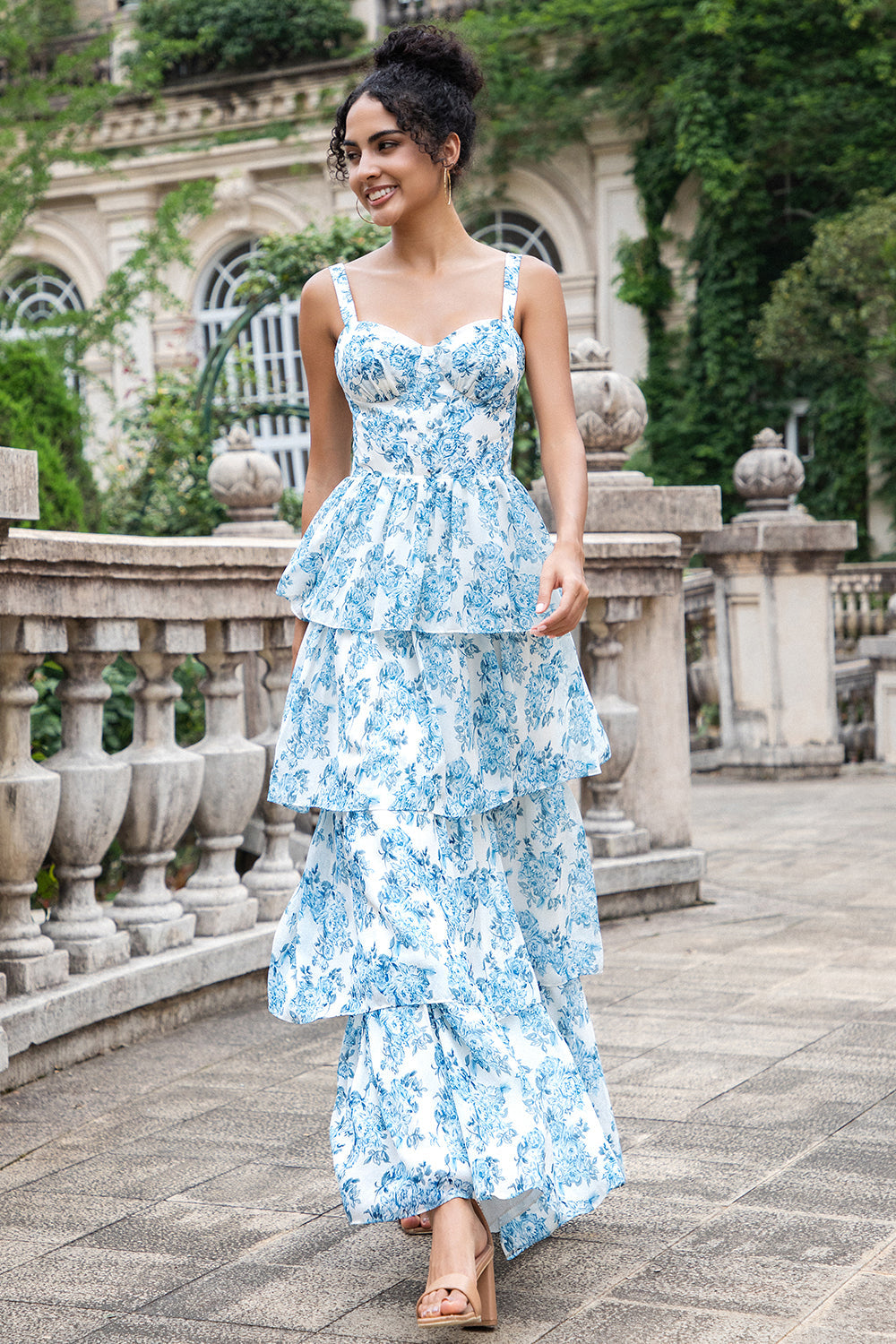 Zapakasa Women Floral Wedding Guest Dress White Blue Corset Tiered A Line Bridesmaid Dress Zapakasa Women Floral Wedding Guest Dress White Blue Corset Tiered A Line Bridesmaid Dress