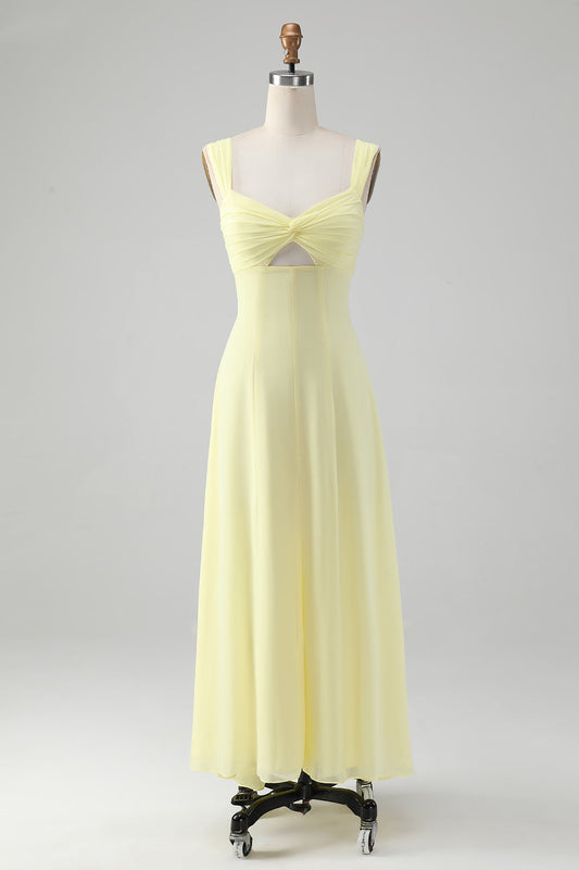 Lemon Yellow Bridesmaid Dress Keyhole A Line Long Sleeveless Chiffon Prom Dress