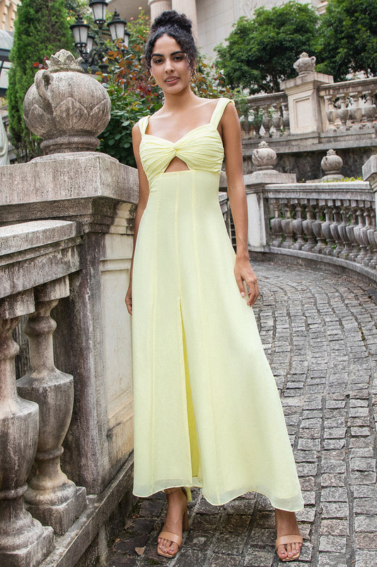 Lemon Yellow Bridesmaid Dress with Slit A Line Keyhole Long Wedding Party Guest Dress