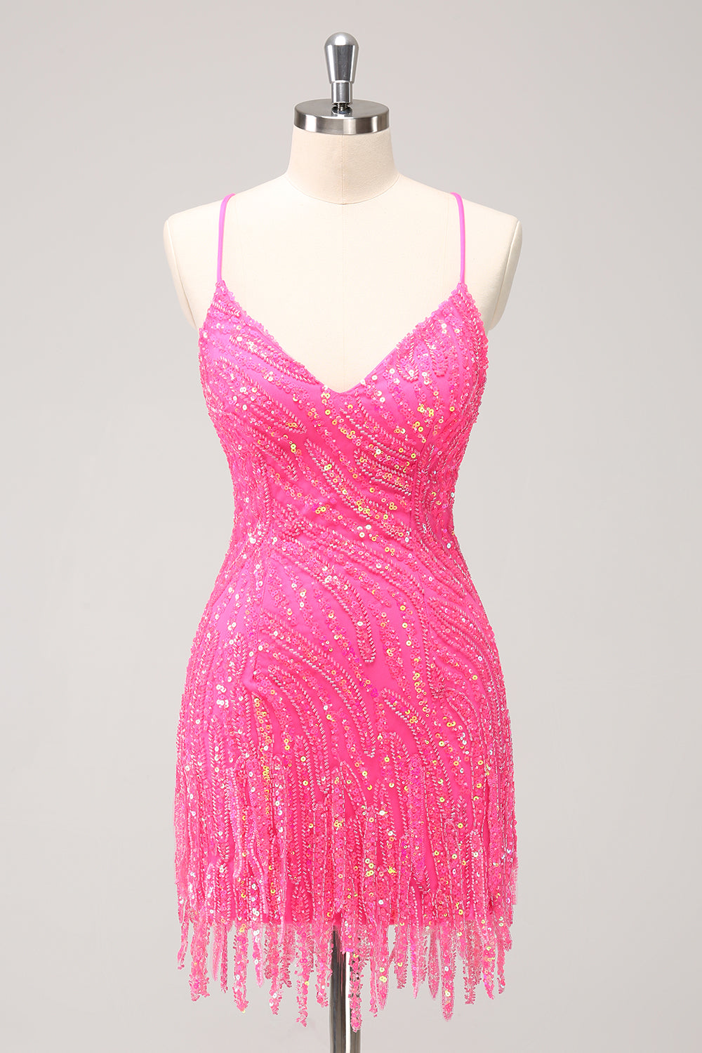 Zapaka Women Sparkly Hot Pink Tight Homecoming Dress with Fringes Spaghetti Straps Sequins Short Prom Dress, Hot Pink / US12 Zapaka Women Sparkly Hot Pink Tight Homecoming Dress with Fringes Spaghetti Straps Sequins Short Prom Dress, Hot Pink / US12