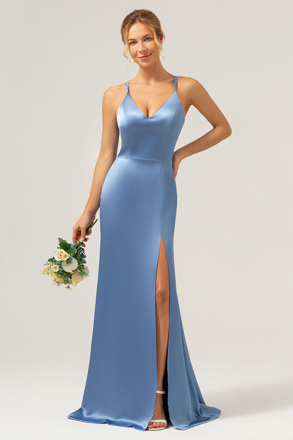 Zapakasa Women Blue Mermaid Satin Bridesmaid Dress with Slit Wedding Party Dress Zapakasa Women Blue Mermaid Satin Bridesmaid Dress with Slit Wedding Party Dress
