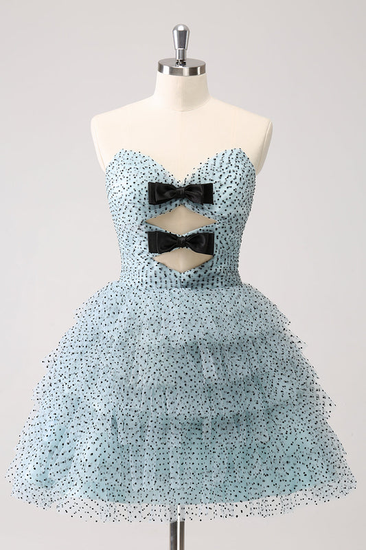 Blue A-Line Homecoming Dress Strapless Dotted Tiered Party Dress with Bows