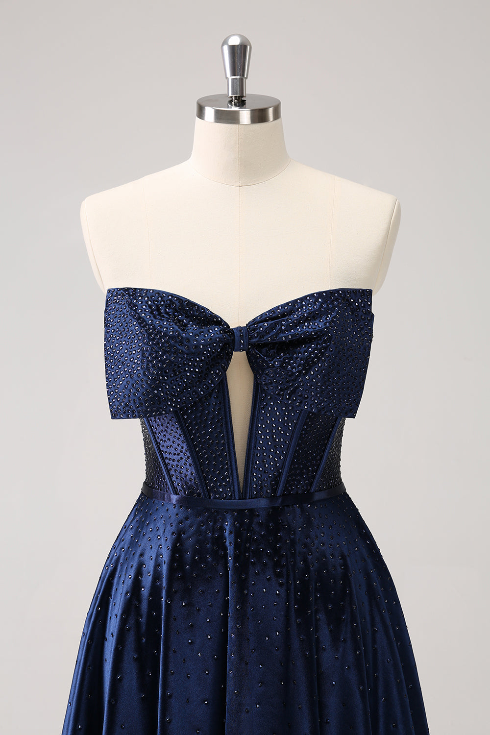 Sparkly Navy Beaded Corset Hollow Out Short Homecoming Dress With Bow Sparkly Navy Beaded Corset Hollow Out Short Homecoming Dress With Bow