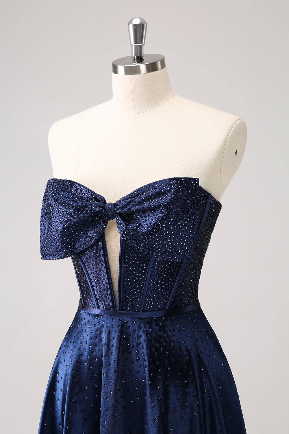 Sparkly Navy Beaded Corset Hollow Out Short Homecoming Dress With Bow Sparkly Navy Beaded Corset Hollow Out Short Homecoming Dress With Bow