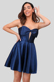 Sparkly Navy Beaded Corset Hollow Out Short Homecoming Dress With Bow Sparkly Navy Beaded Corset Hollow Out Short Homecoming Dress With Bow