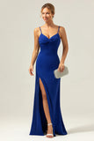 Sparkly Dark Blue Mermaid Twist Front Bridesmaid Dress with Slit Sparkly Dark Blue Mermaid Twist Front Bridesmaid Dress with Slit
