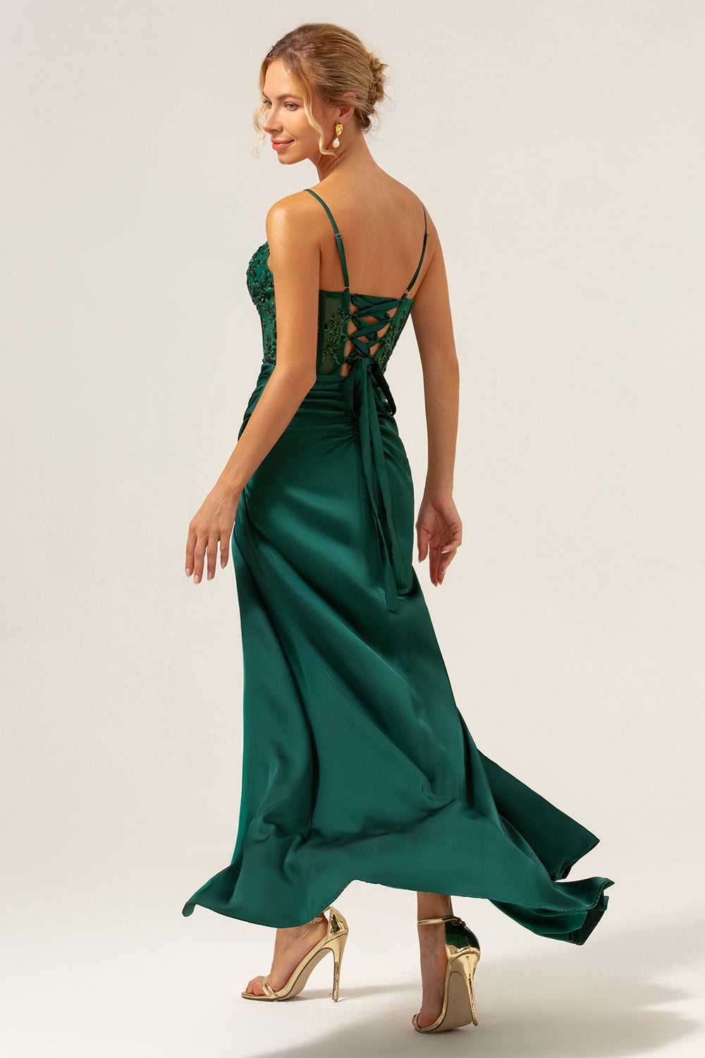 Dark Green Mermaid Spaghetti Straps Corset Satin Long Prom Dress with Slit Dark Green Mermaid Spaghetti Straps Corset Satin Long Prom Dress with Slit