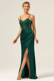 Dark Green Mermaid Spaghetti Straps Corset Satin Long Prom Dress with Slit Dark Green Mermaid Spaghetti Straps Corset Satin Long Prom Dress with Slit