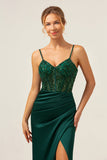 Dark Green Mermaid Spaghetti Straps Corset Satin Long Prom Dress with Slit Dark Green Mermaid Spaghetti Straps Corset Satin Long Prom Dress with Slit