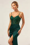 Dark Green Mermaid Spaghetti Straps Corset Satin Long Prom Dress with Slit Dark Green Mermaid Spaghetti Straps Corset Satin Long Prom Dress with Slit