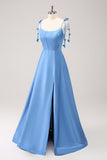 Blue A Line Spaghetti Straps Satin Floor Length Bridesmaid Dress with Slit Blue A Line Spaghetti Straps Satin Floor Length Bridesmaid Dress with Slit